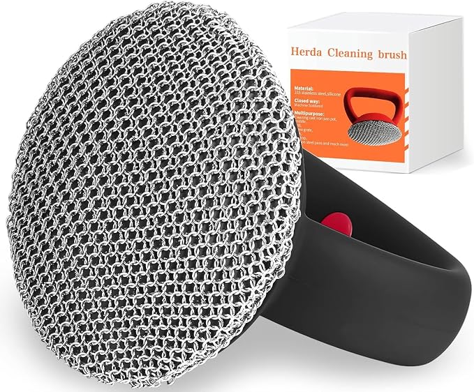 Cast Iron Cleaner Scrubber with Heavy Duty Handle, 3mm Welded Chain Mail | Fine Ring, Stainless Steel Sponge Chainmail Scrubber, Skillet Oven Grill Cleaning Metal Brush -Dishwasher safe,Heat Resistant