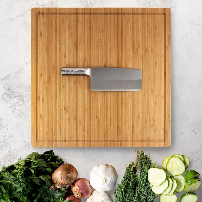 BambooMN Bamboo Burner Cover Cutting Board, 3-Ply, Large, Square - Grooved/Flat (20"x20"x0.75") - 1 Piece