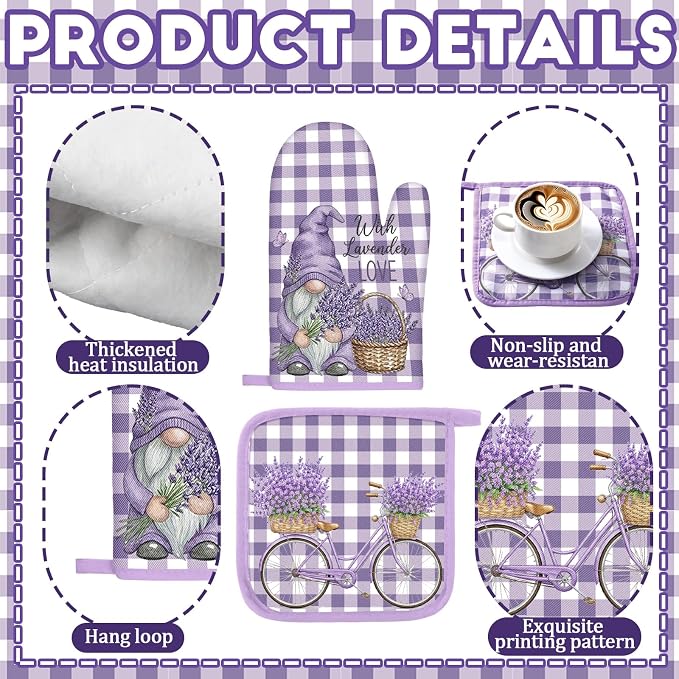 Fourluoo 10 Pcs Lavender Kitchen Decor Set Lavender Kitchen Towels and Rugs Oven Mitts and Pot Holders Set for Cooking Baking Grilling Women Mom Gift