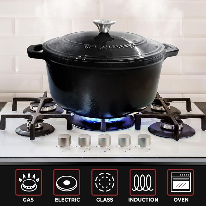 MUELLER HOME 6 Quart Enameled Cast Iron Pot Dutch Oven, Heavy-Duty | Oven-Safe to 500°F & Across All Cooktops, Casserole Dishes for Ovens, Bread Pan with Lid & Knob, Cast Iron Cookware, Black