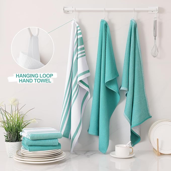 Homaxy Cotton 380 GSM Premium Kitchen Towels, 18"x 28", 6 Pack, Teal | Soft and Absorbent Terry Dish Towels, Multipurpose Tea Towel Set with Hanging Loop, 3 Styles Kitchen Hand Towels