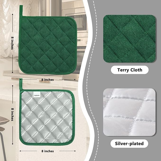 Joyhalo 4 Pack Pot Holders for Kitchen Clearance | Cotton Oven Holder with Great Heat Resistance, Potholders Sets for Kitchen, Countertops, Hot Pots and Pans Dark Green