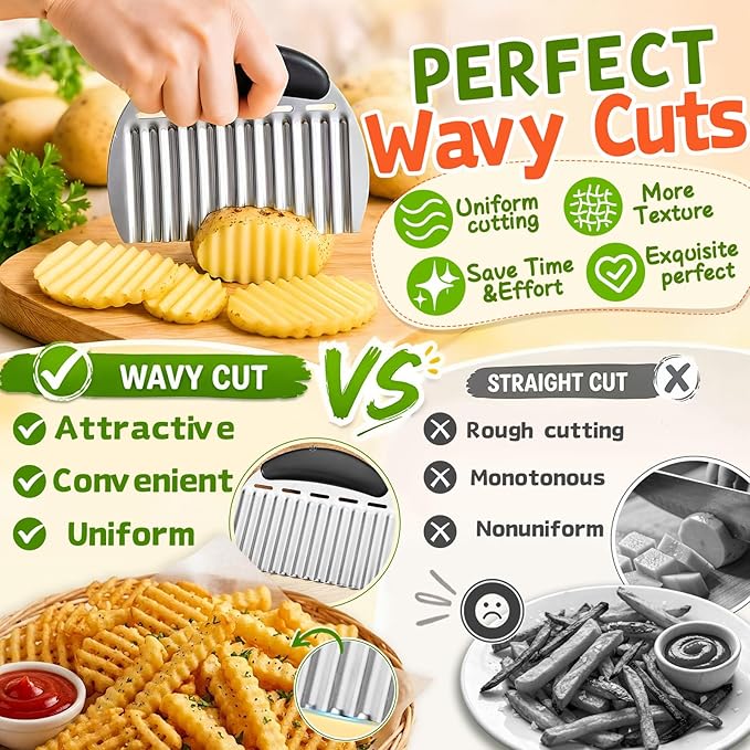 JAYVAR Large Crinkle Cutter French Fry Cutter, Stainless Steel Wavy Slicer | Large Crinkle Potato Slicer Wavy Chopper, Crinkle Cutting Chopping Tools with Handle