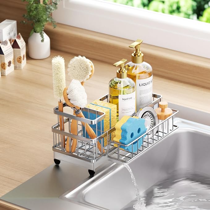 Consumest Sponge Holder for Kitchen Sink - Auto Draining Sink Caddy Organizer with Detachable Rack, High Brush Holder, Kitchen Countertop Storage Accessories, Silver-Extra Large