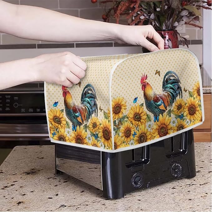 Rooster Sunflower Print Toaster Cover - Dustproof & Waterproof 2 Slice Small Appliance Cover