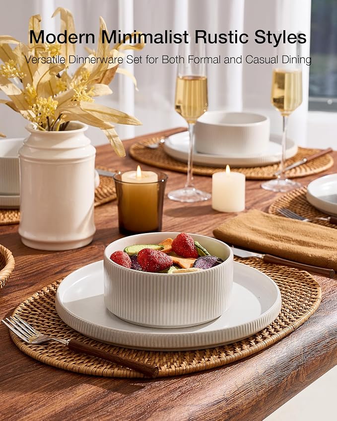 Famiware Star Stoneware Dinnerware Sets, 8-Piece Dishes for 4, Matte White | 10.5" Flat Dinner Plates & 5.5" Deep Cereal Bowls, Everyday Use, Chip & Scratch Resistant, Microwave & Dishwasher Safe