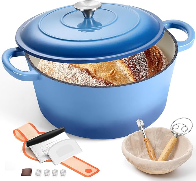 E-far Enameled Dutch Oven Pot for Bread Baking, 6QT Enameled Cast Iron Cookware with Self-Basting Lid & Sourdough Bread Baking Supplies, Heavy Duty Casserole Pot & Dual Handles-Blue