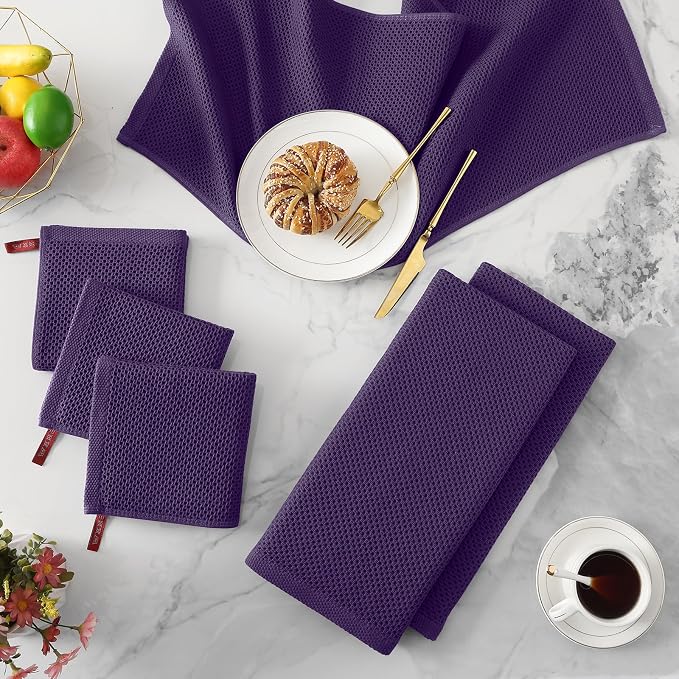 Kitinjoy 100% Cotton Waffle 4-Pack Kitchen Towels, 13" x 28", Eggplant | Super Soft, Ultra-Absorbent, Fast Drying, lightweight, Quick Drying Kitchen Hand Towels