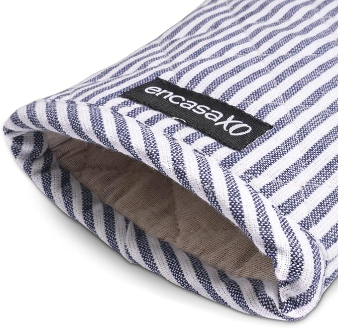 Encasa XO Oven Mitts, Heat Resistant Kitchen Gloves, Microwave | Ticking Navy Blue, 100% Cotton | Diamond Quilted Insulation | Pot Holders | Hanging Loop | Barbecue & Grill | Set of 2