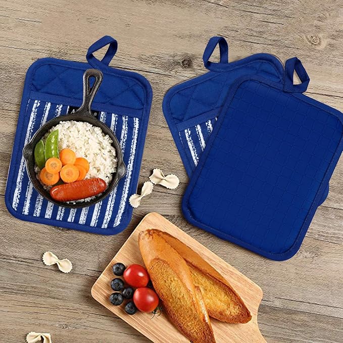Alselo Silicone Pot Holders Set of 3 Heat Resistant & Non Slip Potholders | Professional Oven Hot Pads with Pockets Mitts for Kitchen Cooking Baking Barbecue (Cobait Blue, 3)