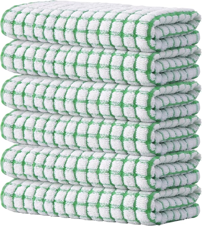 Kitinjoy Cotton 6 Pack Terry Kitchen Towels, Green | 16 x 25 Inches Super Soft and Absorbent Dish Towels, Quick Drying hand towels for kitchen Drying