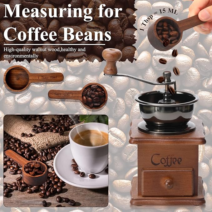 4 Pcs Coffee Wooden Scoop for Canisters Jars 15ml 1 Tablespoon | Small Coffee Scoop for Ground Caf Walnut Wood Measuring Spoons Home Kitchen Accessories for Beans, Tea, Sugar, Bath Salt