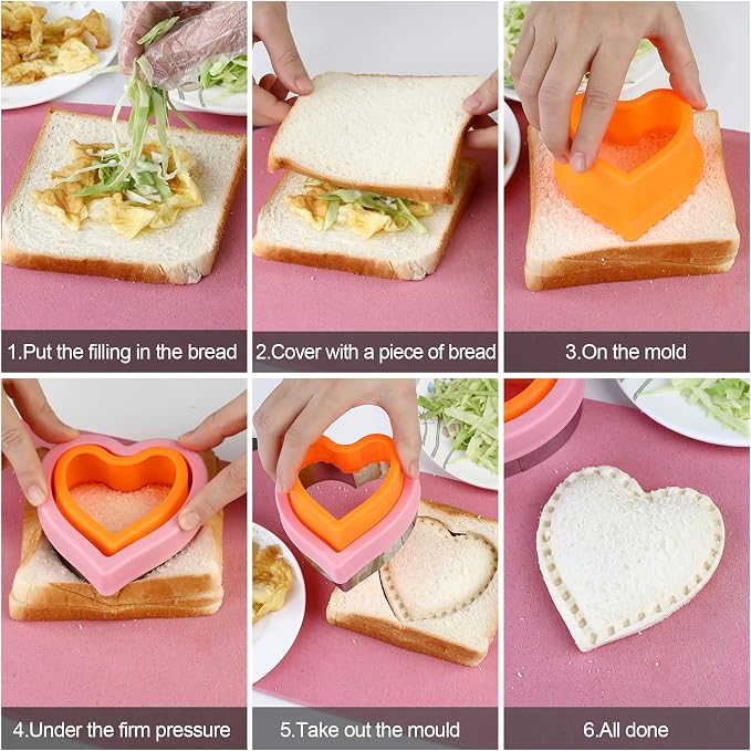 Elfkitwang Sandwich Cutter and Sealer Set,4 Pcs Bread Sandwich Decruster Pancake Maker DIY Cookie Cutters for Kids Bento,Heart Dinosaur Star Mouse Shapes Mold.