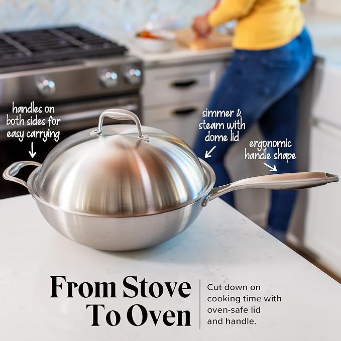 Willow & Everett Stainless Steel Flat Bottom Wok Pan, Professional Traditional Stir Fry Cookware w/Domed Lid & Spatula, Low Maintenance Rust & Scratch Resistant for Induction Gas Electric Stove Top