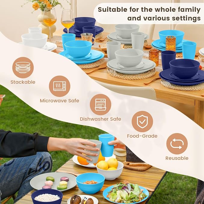 40 PCS Wheat Straw Plates and Bowls Sets, Cups Sets, Service for 8, Unbreakable Microwave and Dishwasher Safe Dinnerware Sets,Reusbale Plastic Dishes Set - Island, Matte