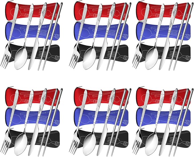 Arroyner 6 Pack Reusable Flatware Sets Knife, Fork, Spoon, Chopsticks, 24Pcs Portable Travel Stainless Steel Tableware Dinnerware with Carrying Case