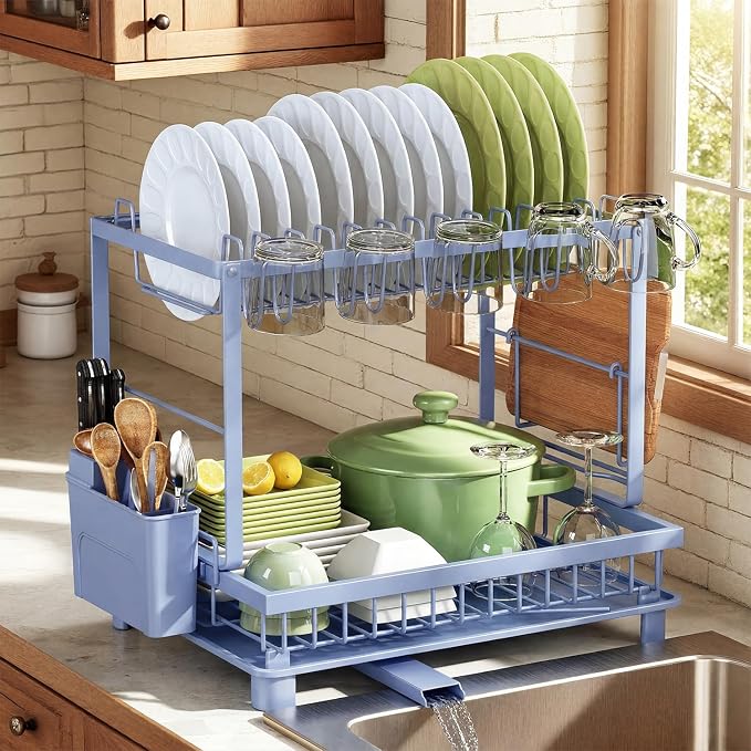 2-Tier Dish Drying Rack for Kitchen Counter, Space-Saving, Blue | Rustproof Carbon Steel, Auto Drain Spout, Space-Saving Dish Rack with Drainboard, Utensil & Cup Holders, Countertop Organizer