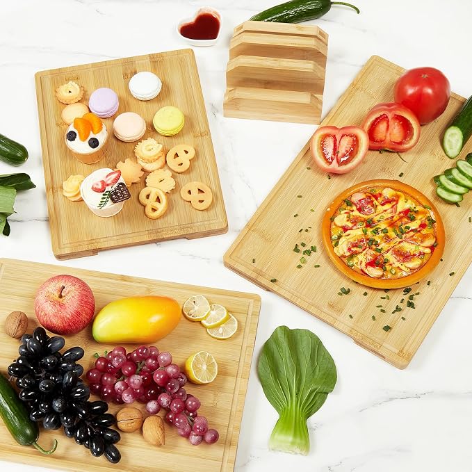 GarveeHome Bamboo Cutting Board Set of 3, Kitchen Cutting Board Set With Holder, Chopping Board Set With Deep Juicy Groove and Back Inner Handles for Meat, Vegetables and Fruit