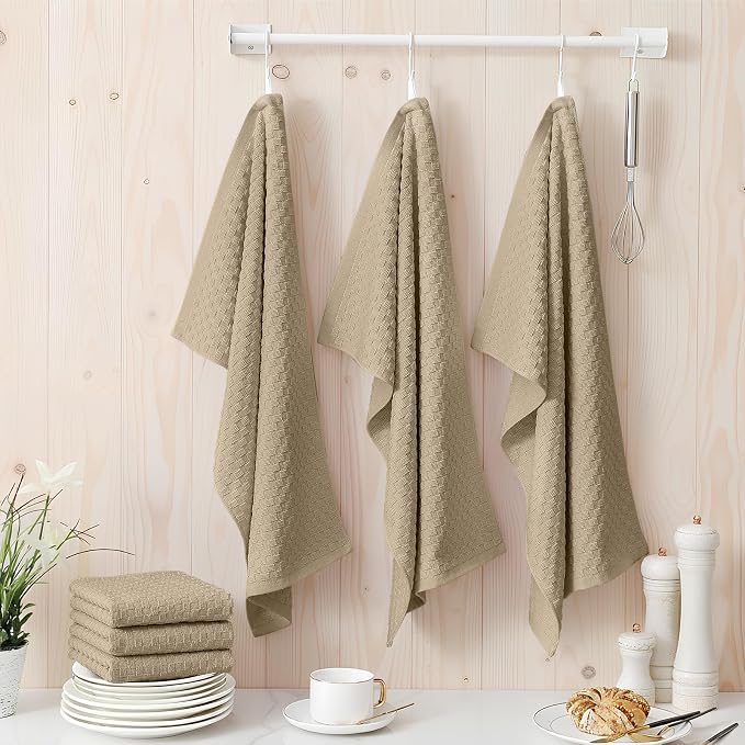 Homaxy 100% Cotton Terry Kitchen Towels(15" x 25", 8 Pack), Tan | Soft and Super Absorbent Dish Towels, 380 GSM Reusable Tea Towel with Hanging Loop, Pineapple Grid Designed