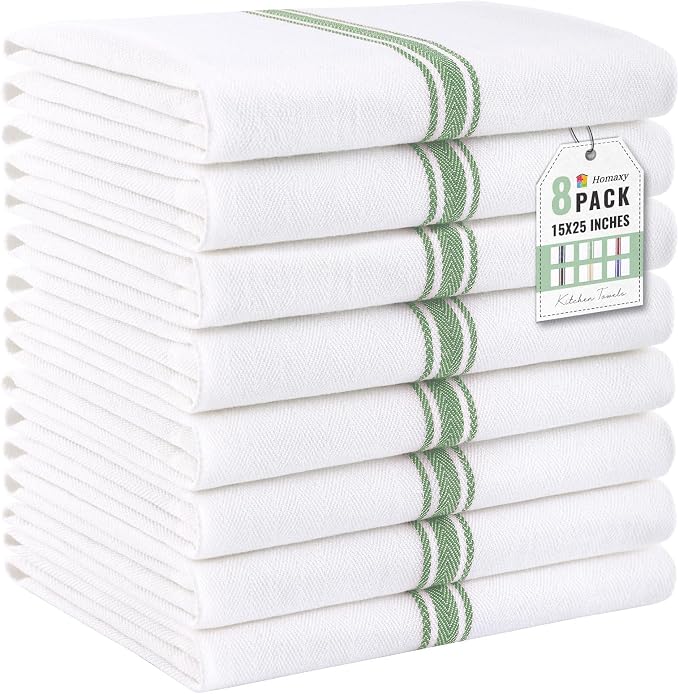 Homaxy 100% Ring Spun Cotton Kitchen Towels 8 Pack, Grass Green Stripe | 15 x 25 Inch, Highly Absorbent Dish Towels for Kitchen Drying, Reusable Cleaning Cloths, Soft Tea Towels with Hanging Loop