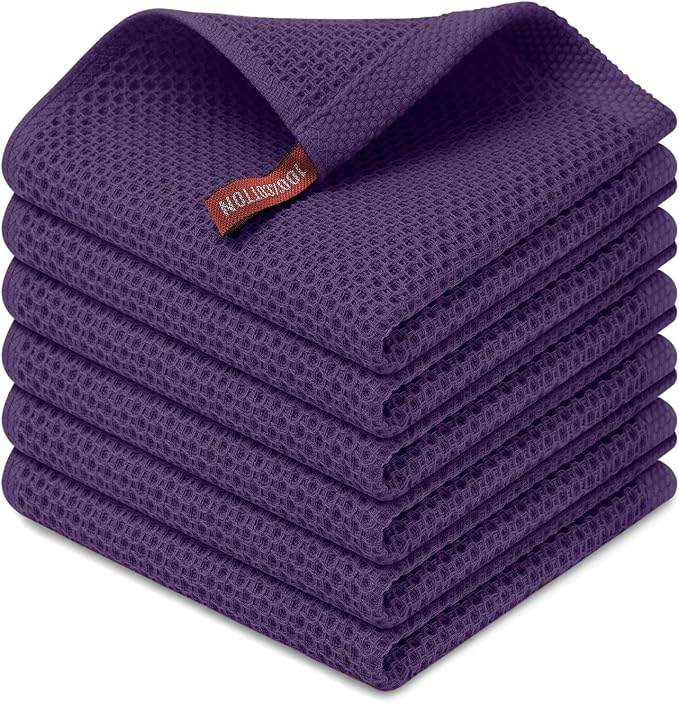 Kitinjoy 100% Cotton Waffle 6-Pack Kitchen Towels, 12" x 12", Eggplant | Ultra Absorbent, Super Soft, lightweight, Quick Drying Dish Rags for Washing Dishes