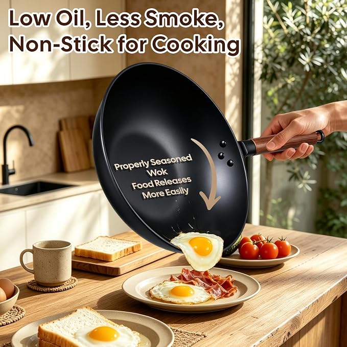 AOSION 13'' Carbon Steel Wok, 12 Piece Wok Pan & Stir-Fry Pans Set with Lid | No Chemical Coated Flat Bottom Chinese Wok Pan