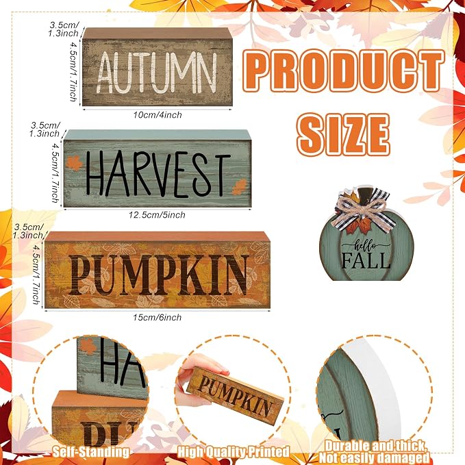 Lineshading 4 Pcs Fall Wood Block Signs Pumpkin Harvest Tiered Tray Decor | Stackable Rustic Blocks with Pumpkin Topper, Autumn Harvest Prints, Farmhouse Tabletop Centerpiece for Seasonal Decor