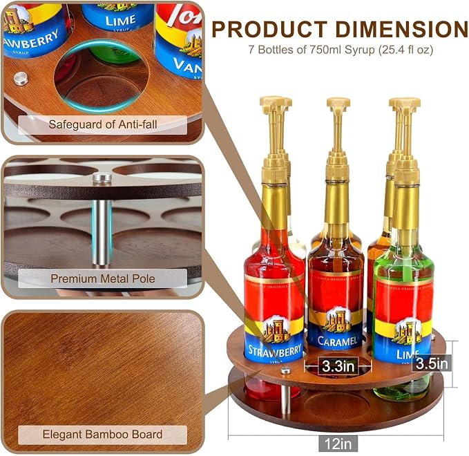 Rotating Coffee Syrup Organizer Rack, 7 Syrup Bottles Stand Holder | Anti-fall Design,7 Bottles Storage Display Turntable Tray & Lazy Susan for Syrup,Liquor Wine in Kitchen Countertop