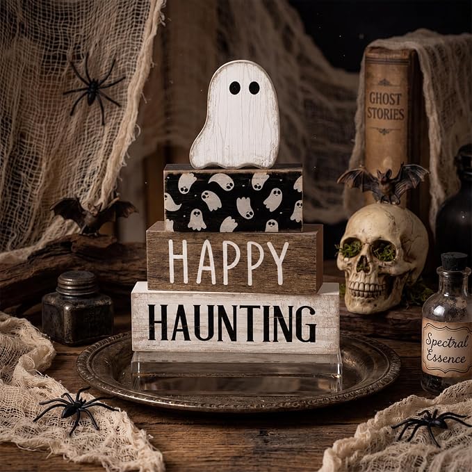 Lineshading 4 Pcs Happy Haunting Wood Blocks, Halloween Farmhouse Decor | Rustic Stacking Blocks for Tiered Tray, Wood Signs with Ghost Theme, Tabletop Display for Home Shelf, Farmhouse Style