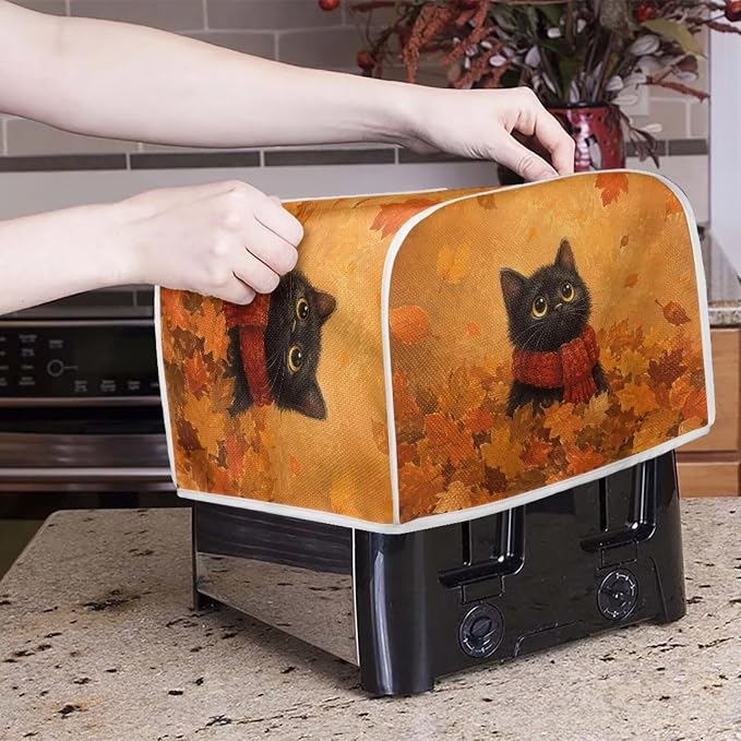 Black Cat Print Toaster Oven Dust Cover 2 Slice Maple Leaf Print Bread Maker Cover Decorative Small Kitchen Appliance Covers for Kitchen Counter