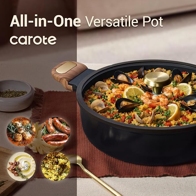 CAROTE 4.5Quart Stock Pot with Lid, Non Toxic Ceramic Soup Pot, Nonstick Cooking Pot, PFAS Free, Dishwasher Safe, Even Heating, Compatible with All Stoves, Charcoal Black