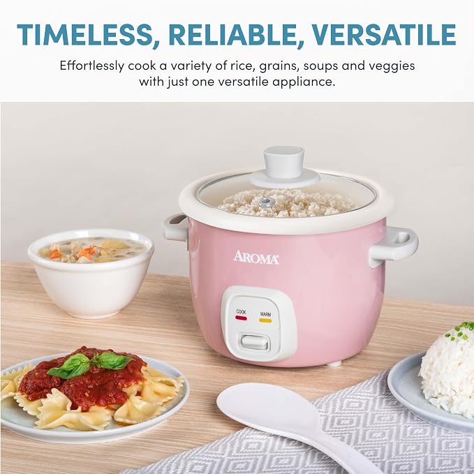 AROMA® Mini Rice Cooker, 2-Cup (Uncooked) / 4-Cup (Cooked), Grain Cooker, Soup Maker, Oatmeal Cooker, Auto Keep Warm, 1 Qt, Pink, ARC-302NGP