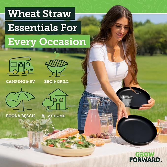 Grow Forward Premium Wheat Straw Plates and Bowls Sets - 8-Piece Wheat Straw Dinnerware Sets - Unbreakable & Reusable Microwave Safe Plastic Dinner Plates for Outdoors, RV, Camping Dishes - Midnight