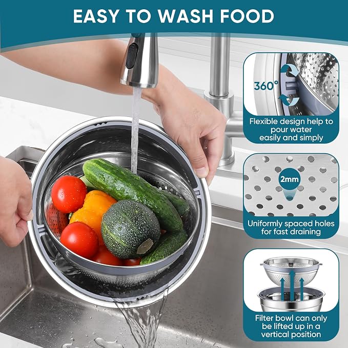 P&P CHEF Mixing Bowls with Lids, Metal Mixing Bowl with Colander, Blue | 3 PCS Stainless Steel nesting bowls for Prepping, Storing, Colander for Draining, 3 Grater Attachments & Non-Slip Bottoms