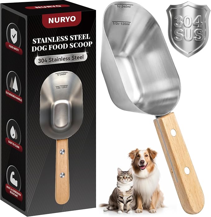 Dog Food Scoop 1 Cup with Clear Measurement Line, 304 Stainless Steel | Dog Food Measuring Cup with Long Wooden Handle, Pet Food Scoop for Dog Cat Food, Coffee, Flour