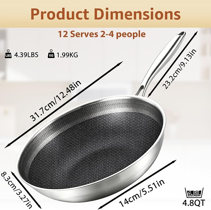 LOLYKITCH 12 Inch Hybrid Nonstick Wok with Lid | Ceramic Coating | Honeycomb Stainless Steel Wok Pan | Oven & Dishwasher Safe | Flat Bottom Wok for Electric & Induction Cooktop | Long Handle