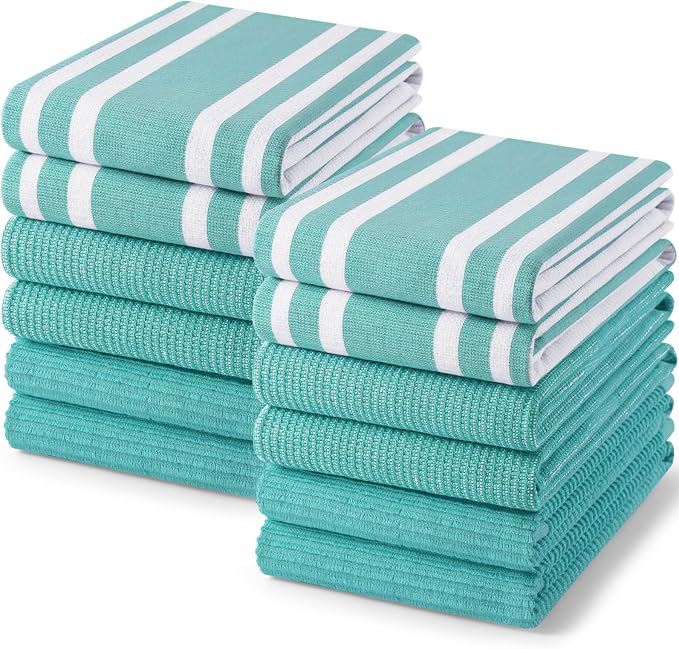 Homaxy Cotton 380 GSM Premium Kitchen Towels, 18"x 28", 12 Pack, Teal | Soft and Absorbent Terry Dish Towels, Multipurpose Tea Towel Set with Hanging Loop, 3 Styles Kitchen Hand Towels