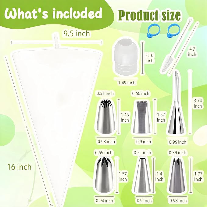 USHYMJT Piping Bags and Tips Set, 11pcs Cotton Pastry Bags with Stainless Steel Nozzles, Coupler and Cleaning Brush, Baking Decorating Kit for Cake Cupcake Cookie Frosting Decor(11)