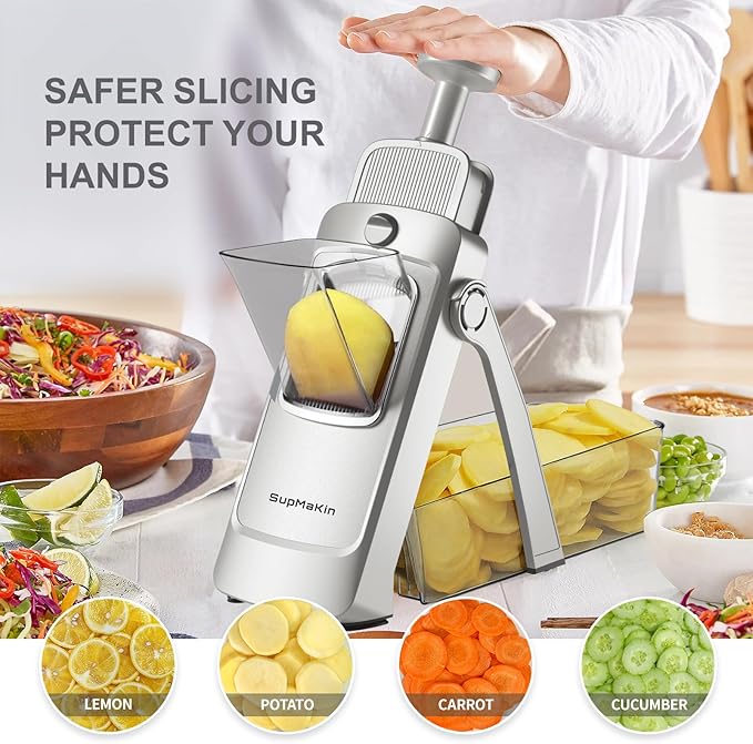 SupMaKin Safe Mandoline Slicer, Upgraded Adjustable Chips Slicer 1-8 mm | Vegetables Fruits Slicer with Container Grater, Stainless Steel Blade,Faster Slicer Artifact Kitchen Gadgets Dishwasher Gifts