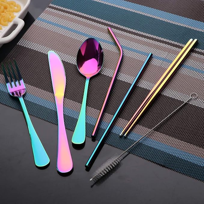 Travel Utensils Set with Case Reusable Portable Cutlery Set Stainless Steel 8pcs Including Dinner Knife Fork Spoon Chopsticks Straws(Rainbow) | Dishwasher Including Dinner Knife Fork Spoon Chopsticks Straws Travel Fork Spoon Knife for Work, School, Cam...