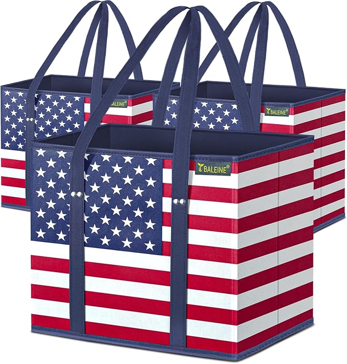 BALEINE 3PK Reusable Grocery Bags, Heavy Duty Shopping Tote Bag | 12'' Long Handles, Reinforced Bottom Keeps Upright, Fold Flat Storage, Water-Resistant Shopping Bag, Multiple Color Options