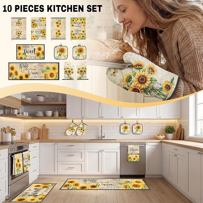 10 Pcs Kitchen Decor and Accessories Set, Sunflower Fall | Farmhouse Rustic 4 Dish Towels Kitchen Rugs 2 Oven Mitts 2 Pot Holders, Home Decor for Cooking Baking BBQ Housewarming