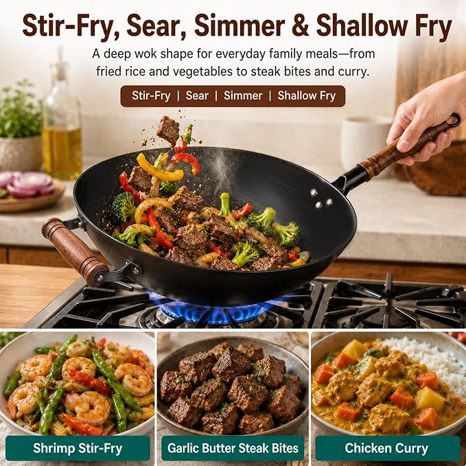 WANGYUANJI 14.2 Inch Cast Iron Wok with Wooden Lid & Handle, Flat Bottom Stir Fry Wok Pan, Turtle-Pattern Textured Uncoated Large Wok Skillet for Induction, Gas & Electric (Seasoning Required) | Uncoated cast iron wok with wood lid for induction, gas a...