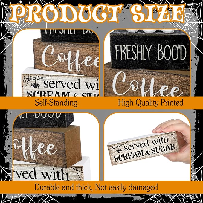 Lineshading 4 Pcs Halloween Coffee Table Decor Wooden Ghost Coffee Bar Sign | Stackable Blocks Bar Farmhouse Rustic Ghost Tiered Tray Decor Festive Boo Wooden Signs Home Office Kitchen Shelf
