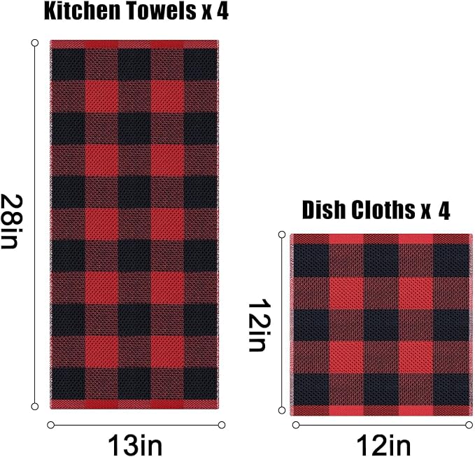 Homaxy Kitchen Towels and Dishcloths Set, Set of 12, Black & Red | Bulk Cotton Waffle Weave Check Plaid Kitchen Towels, Super Soft and Absorbent Dish Cloths, 12 x 12 and 13 x 28 Inches