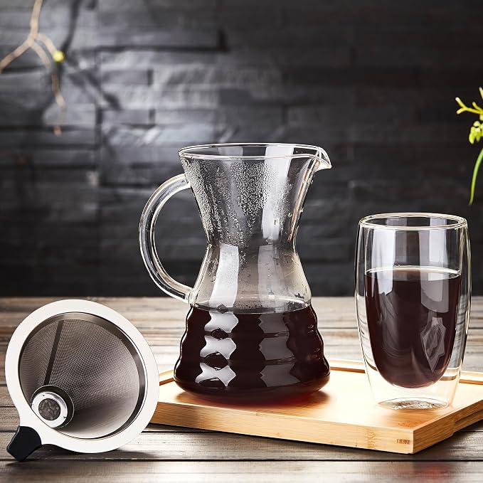 Unbreakable - Pour Over Coffee Maker with Permanent Stainless Filter 27 fl oz, Thickened Heat-Resistant Borosilicate Glass Dripper Coffee Brewer, Stovetop Safe