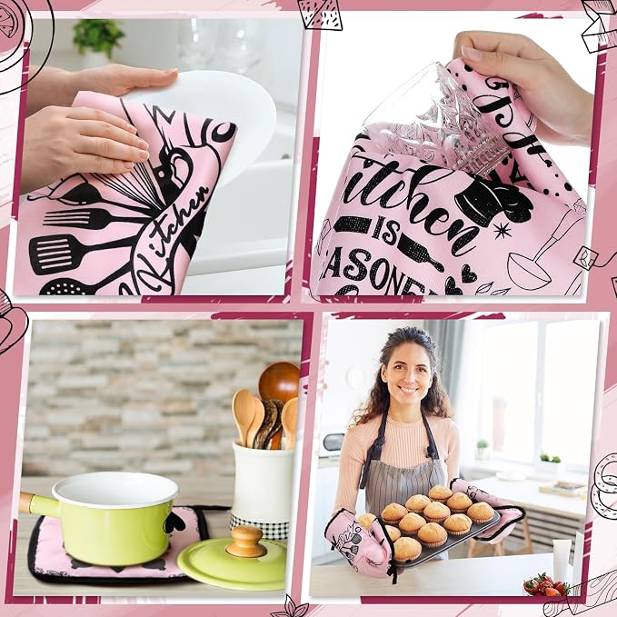 Leinuosen 8 Pcs Kitchen Towels and Oven Mitts Sets Pot Holders Dishcloths Set Kitchen Decorative Accessories Absorbent Potholders Heat Resistant for Chef Baking Cooking