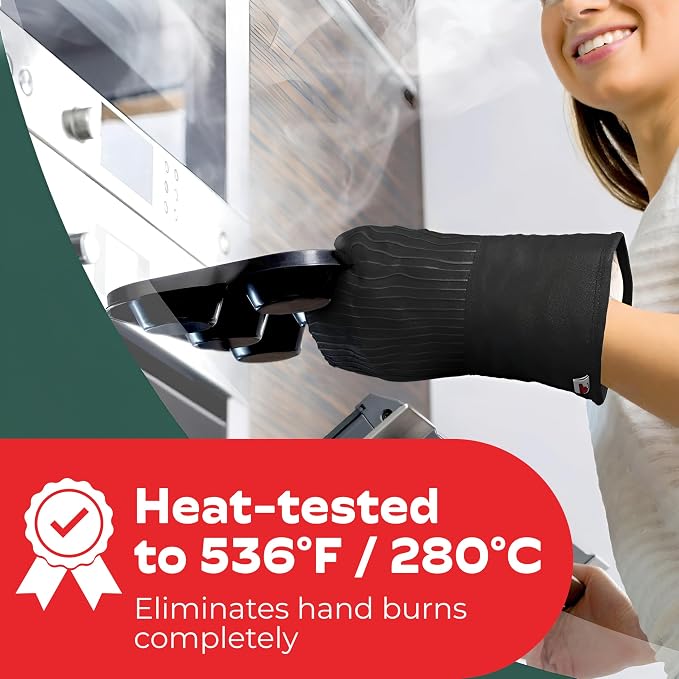 Silicone Oven Mitts - Black Set of 2-12.5" - Heat Resistant to 536 F / 280 C Kitchen Gloves - Professional Grade Protection Hot Cooking Baking