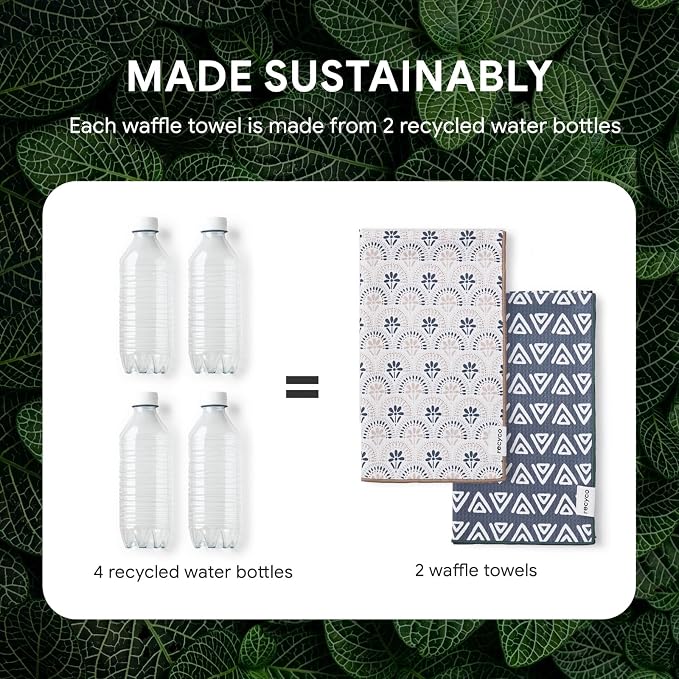 RECYCO Waffle Kitchen Towel Set of 2 - Quick Dry Microfiber Sustainable Dish Towels - Ultra Absorbent Reusable Cleaning Tea Towels - Lightweight Hand Towels,16”x 28”, Neutral Boho