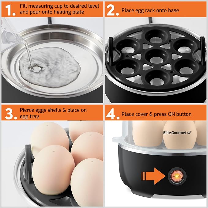 Elite Gourmet EGC115B Easy Egg Cooker, 7-Egg, BPA-Free, Classic Black | Cooks soft, medium, or hard-boiled eggs with auto shut-off - electric operation - includes measuring cup
